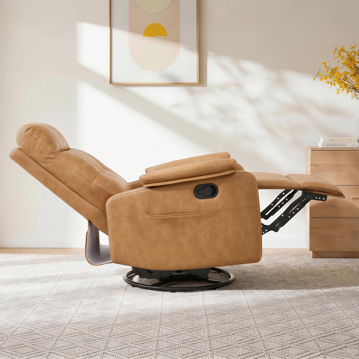 KISLOT Compact Manual Swivel Recliner with Cup Holder, 360° Rotating Armchair Gentle Sway Living Room Chair with Foldable Tray Table Dual Cup Holders for Small Spaces