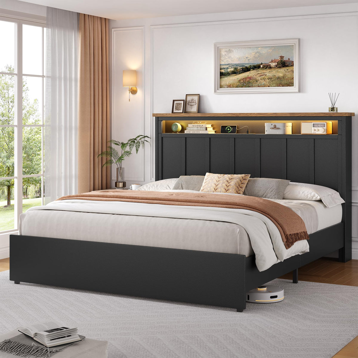 Glirun Queen Bed Frame with 2-Tier Storage Headboard, Black