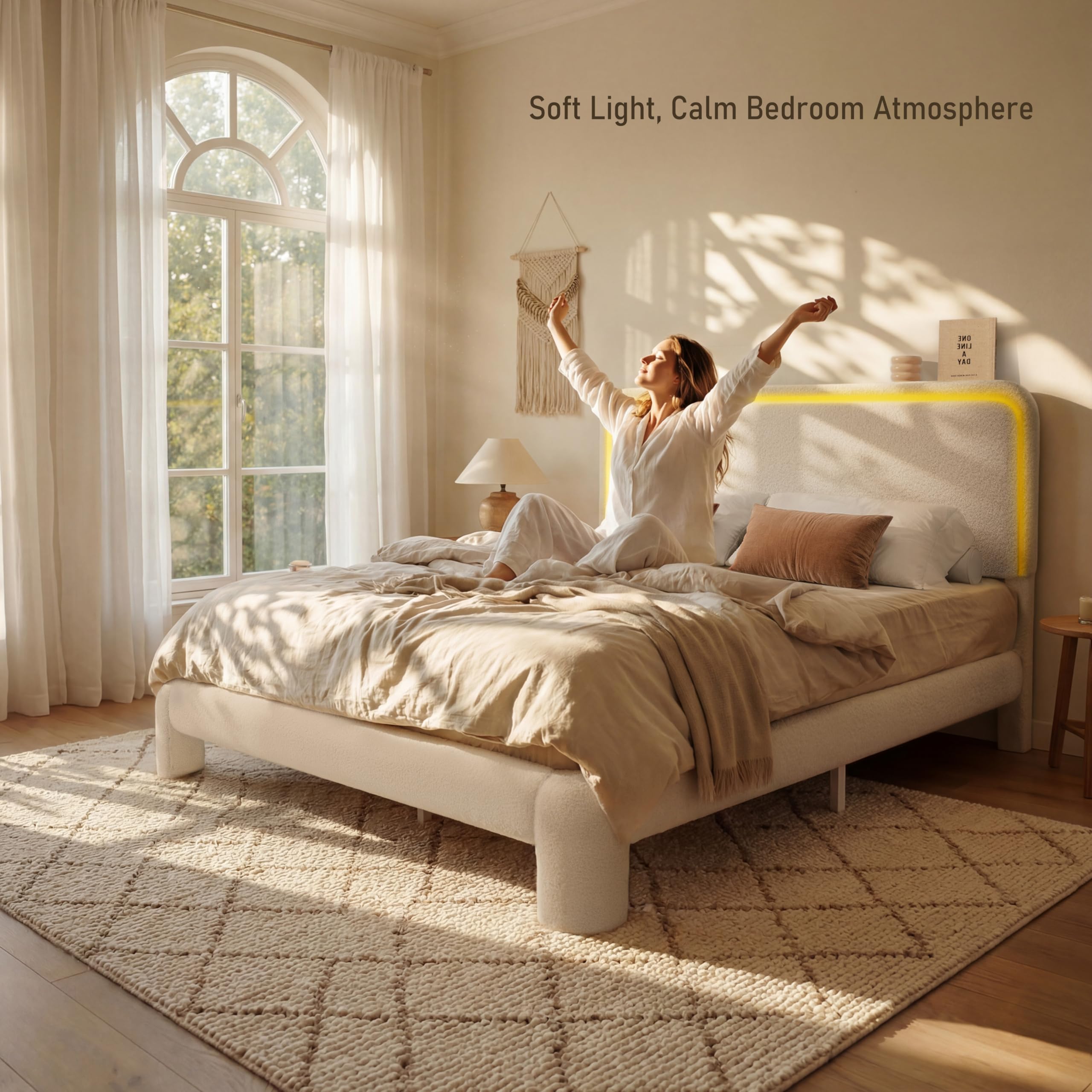 Queen Boucle Upholstered Bed Frame with Charging Station & LED Light
