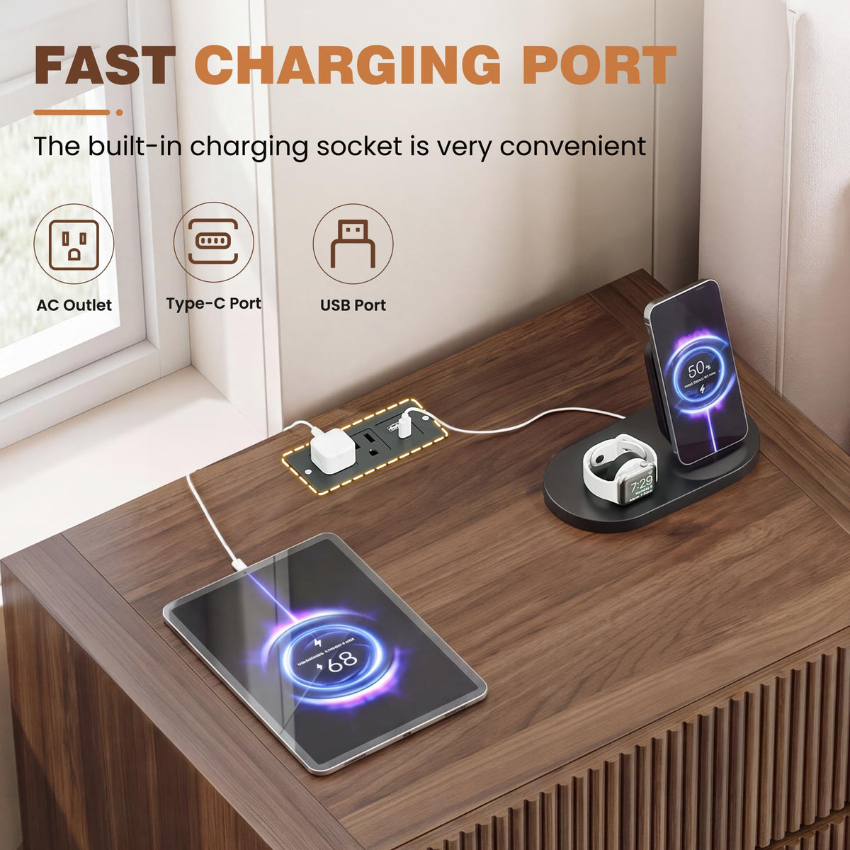 Apicizon 23.6'' Wide Fluted Nightstand with Charging Station, Walnut