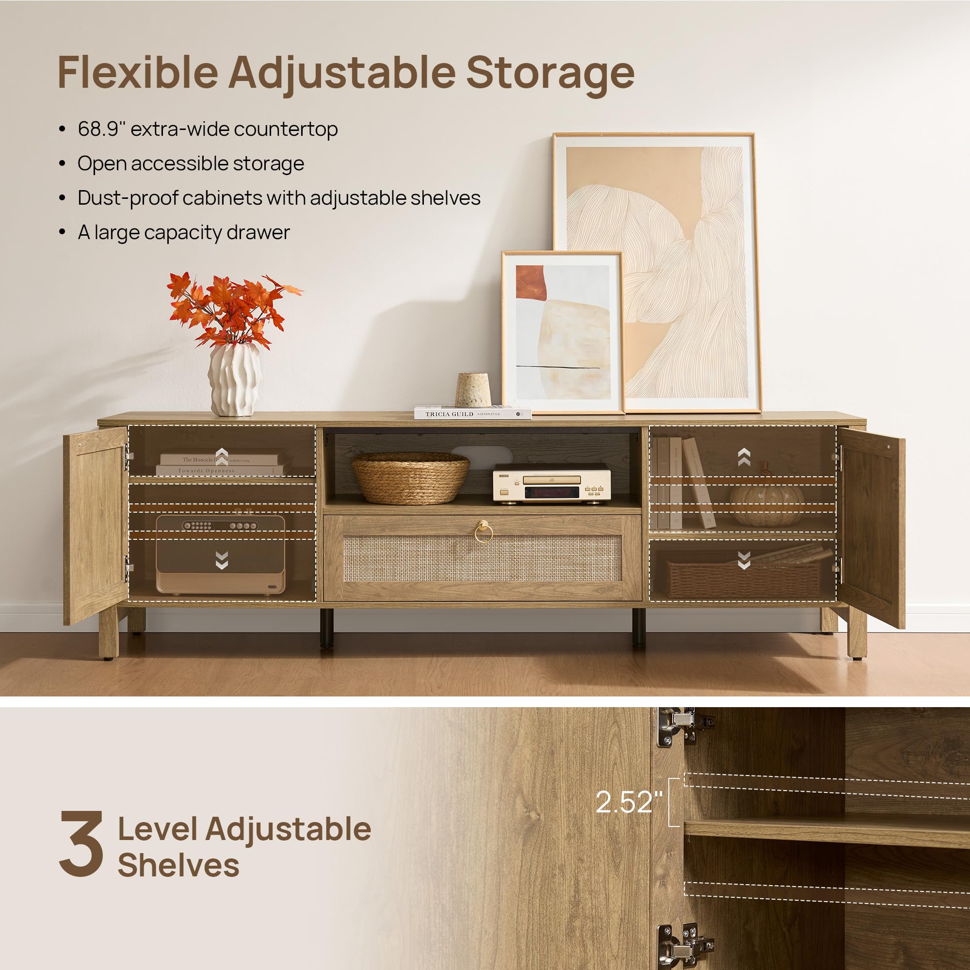 69" Rattan TV Stand with Drawer & Adjustable Shelves