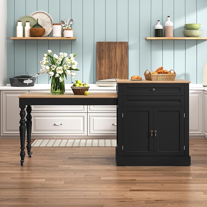 Extendable Kitchen Island with Power Outlet & Storage