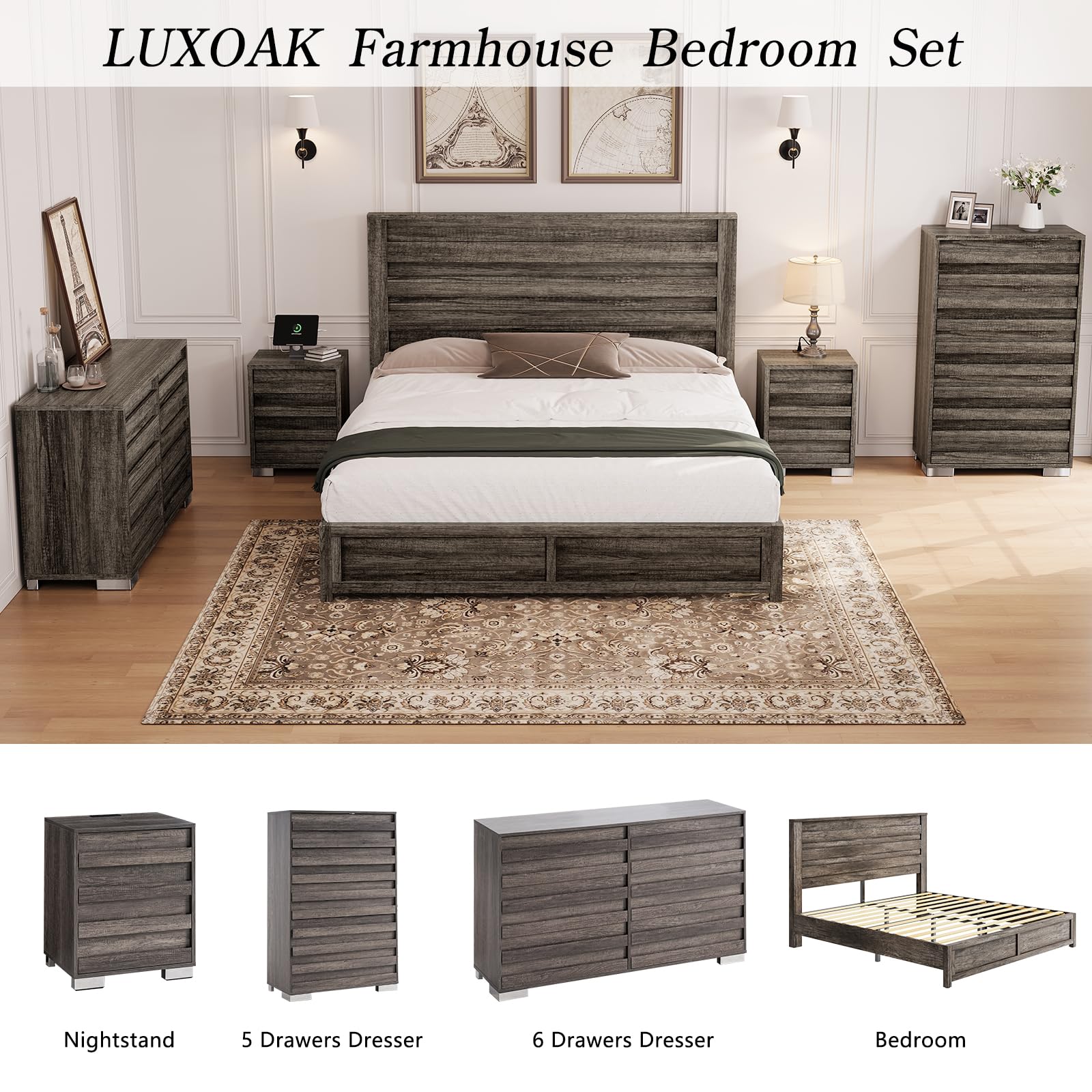 LUXOAK End Table Set of 2 with Charging Station, Farmhouse Side Table with Slated Handles, Nightstands with Stainless Steel Feet for Bedroom & Living Room, Rustic Grey