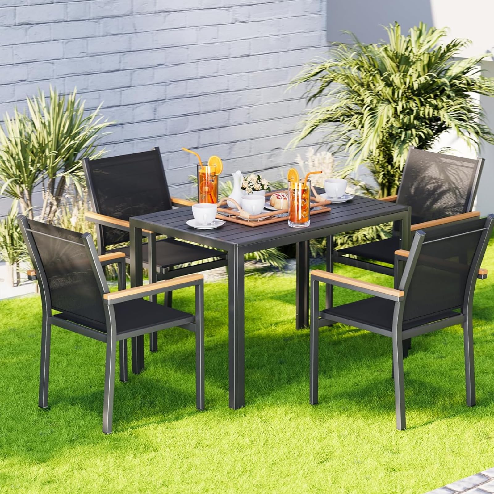 LIFERUN Outdoor Patio Table for 4-6 Person, 43×28in Rectangle Outdoor Dining Table with Wooden-Like Top and Aluminum Frame, Heat and Weather Resistant, Ideal for Garden, Patio, Poolside, Porch, Black