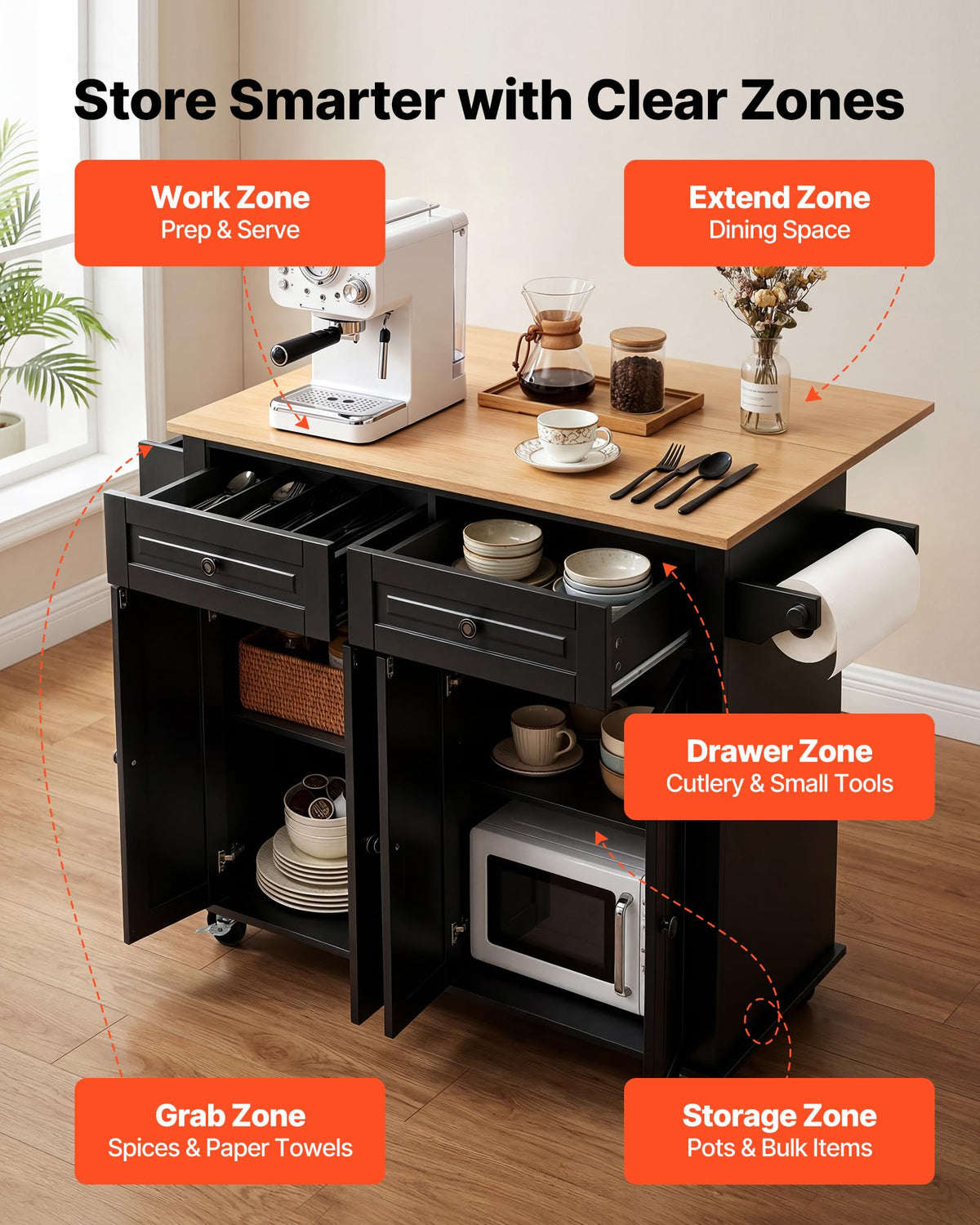 Black Drop Leaf Kitchen Island Cart