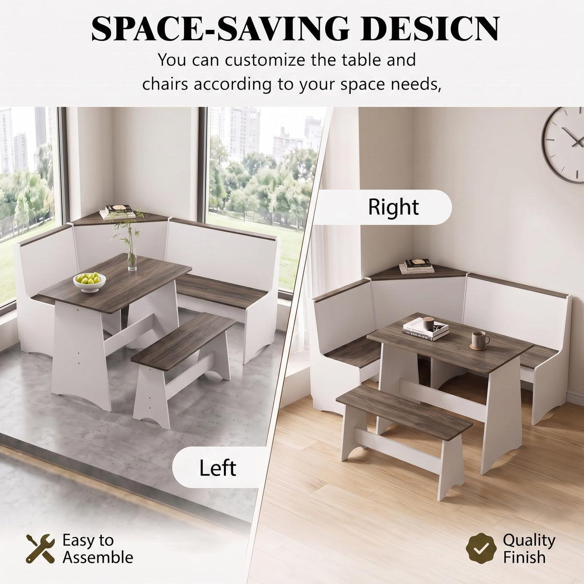 Farmhouse Breakfast Nook Table Set with L-Shaped Bench (White + Gray)