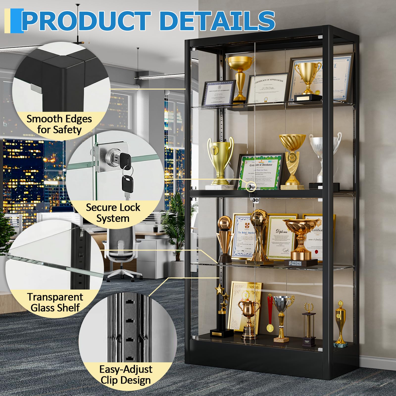 4-Tier Glass Display Cabinet with LED Lighting & Lock