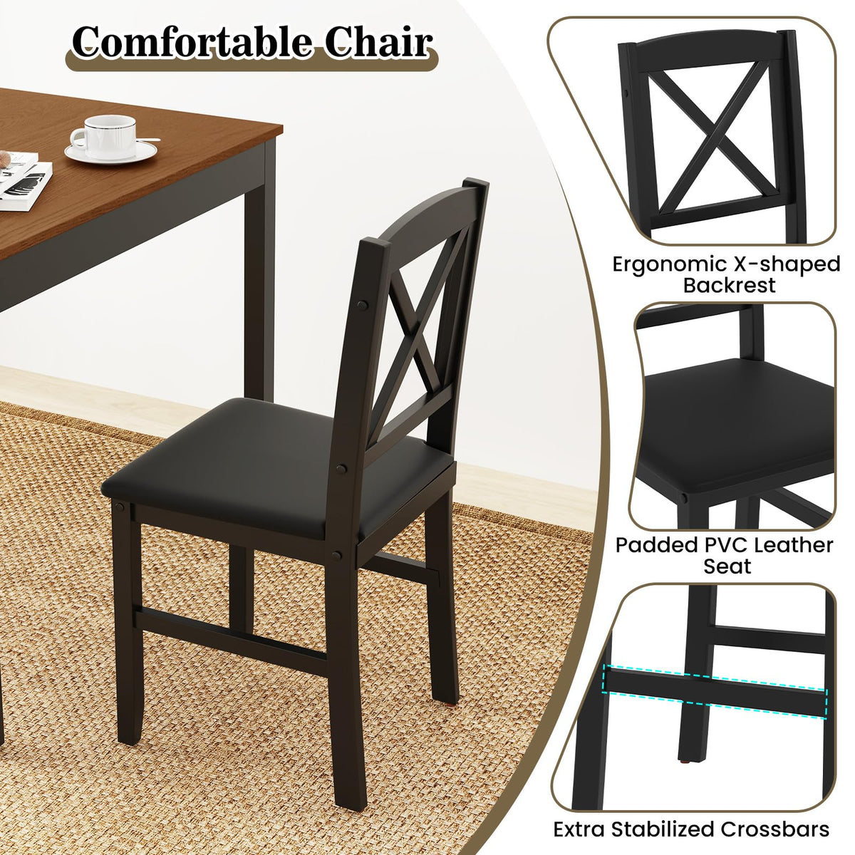 GIANTEX 3-Piece Dining Table Set for 2 - Small Wooden Kitchen Table with Upholstered PVC Leather Chairs, Rubber Wood Legs, Modern Compact Dining Set for Dinner, Kitchen, Restaurant, Dinette (Brown)