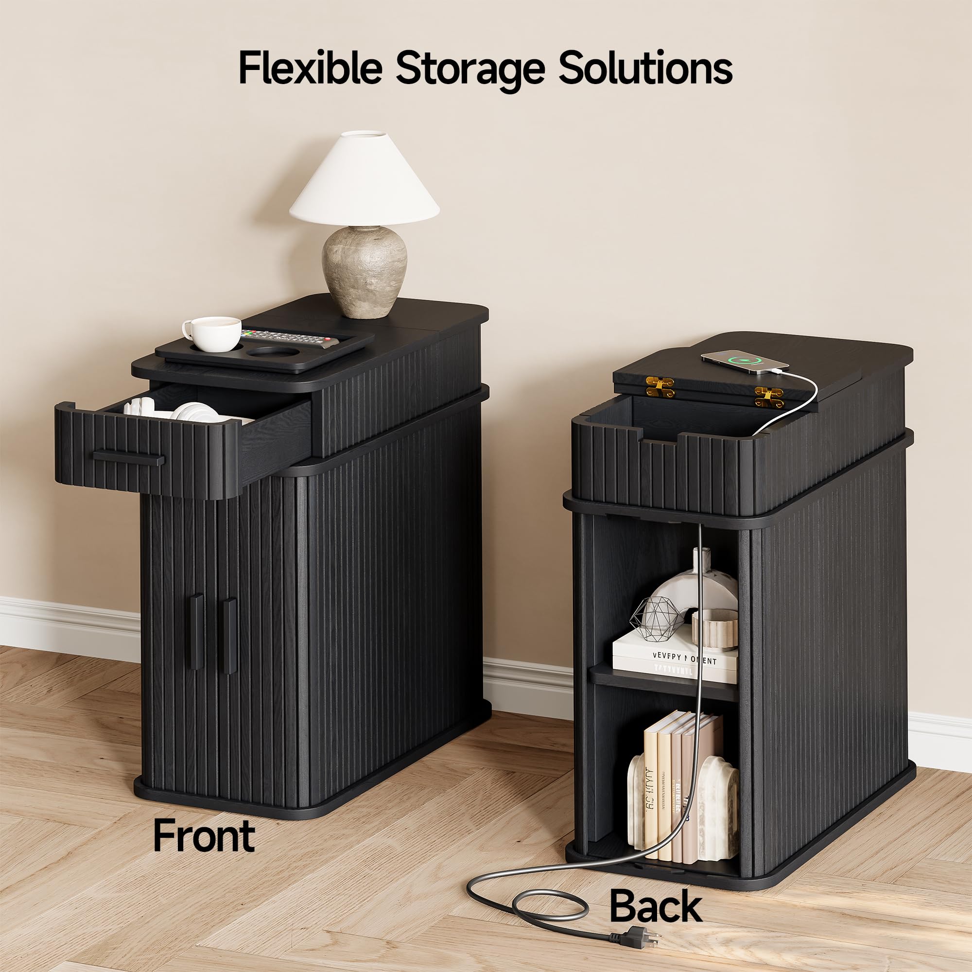 Fluted End Table with Charging Station & Storage