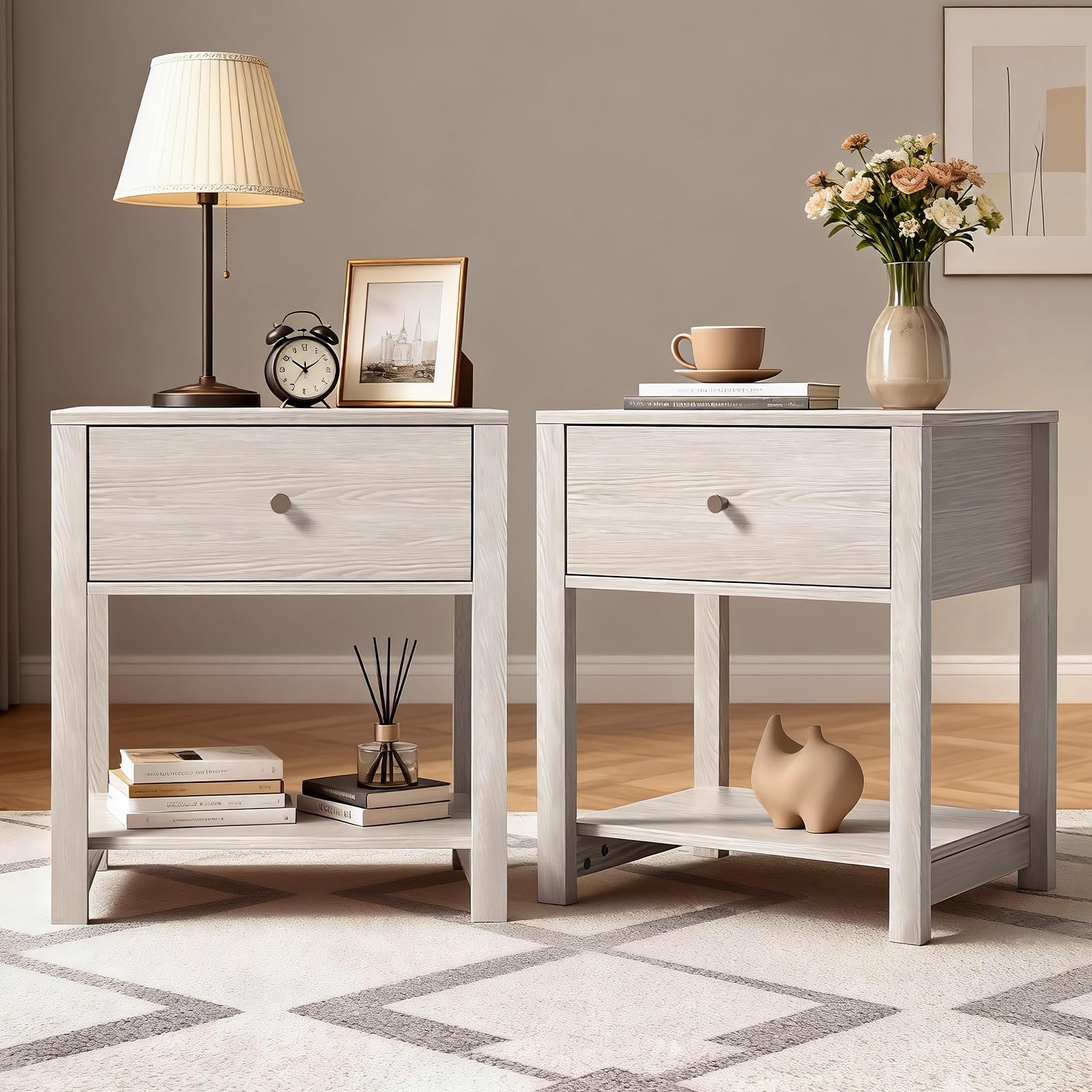 White Nightstand Set of 2 with Drawer & Storage Shelf