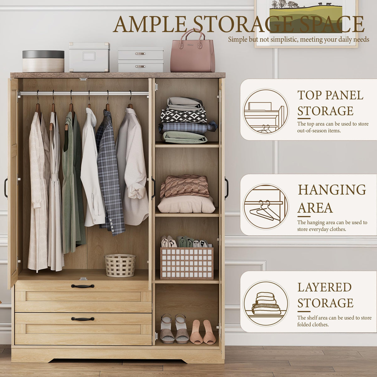 Brafab 62" Wooden Armoire Wardrobe Closet with Mirror, Natural, 3 Doors