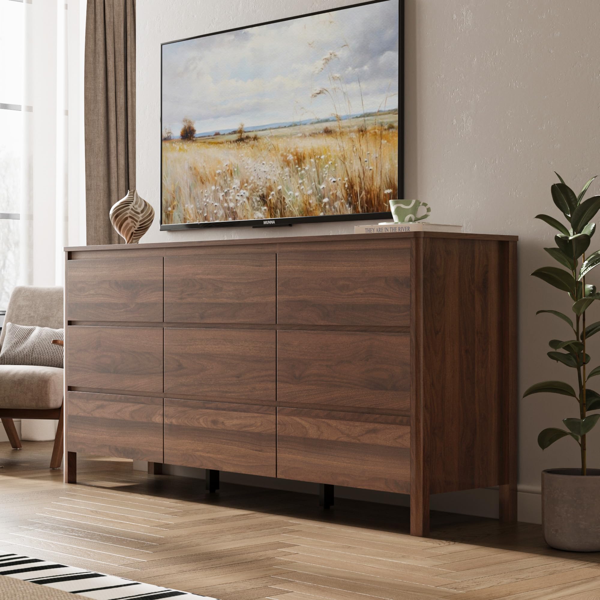 MAISONARIA Walnut 9 Drawer Dresser for Bedroom, 63" Modern Dresser with Hidden Handles, Space-Saving Wooden Drawer Organizer, Living Room, or Hallway, Vertical Storage Chest of Drawers
