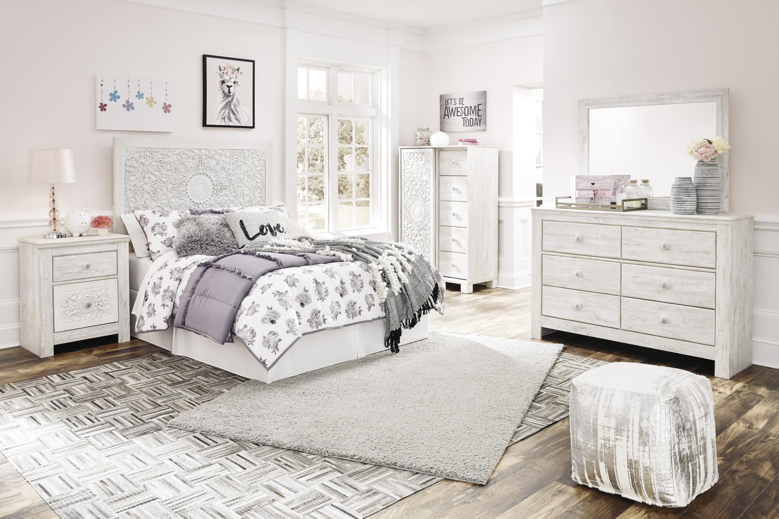 Signature Design by Ashley Paxberry Boho 5 Drawer Dressing Chest with Slider Door & 3 Adjustable Shelves, Whitewash