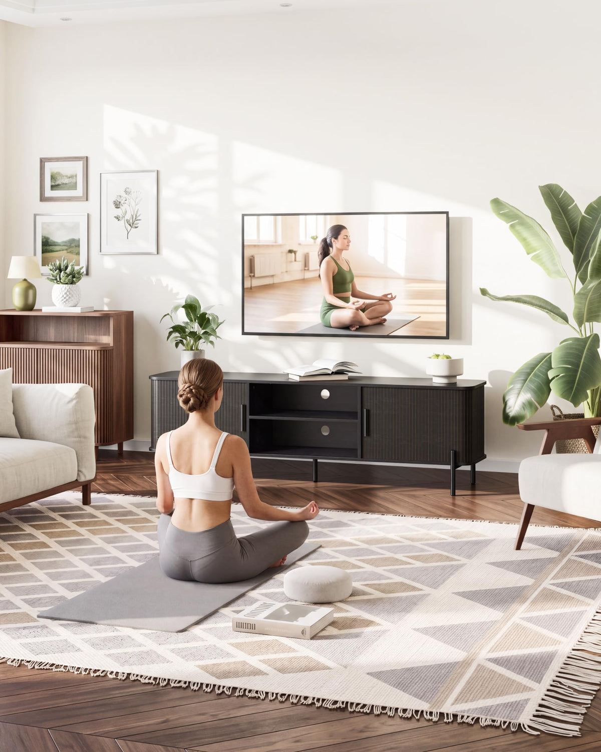 SUNCOZE 70" Mid-Century Fluted TV Stand with Storage up to 80 Inch, Black