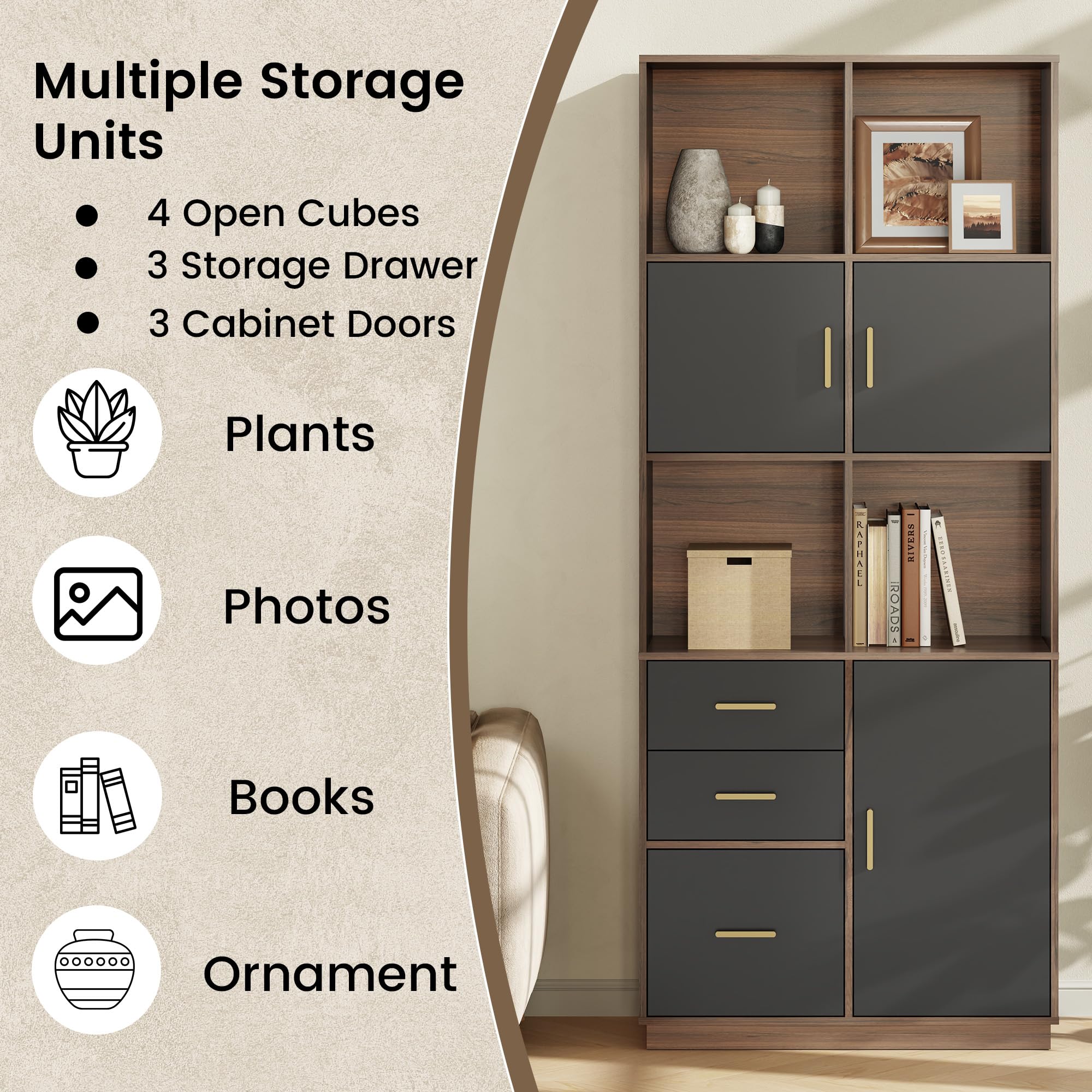 74.6" Tall Bookcase with 3 Drawers & Doors, Wood Bookshelf with Open Cubes & Adjustable Shelves, Fits A4 Hanging Files, Modern Free-Standing Bookcase for Home Office, Living Room, Study, Black Walnut