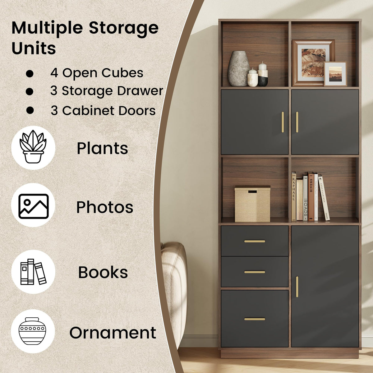 ModernMate 74.6" Tall Bookcase with 3 Drawers & Doors, Open Cubes