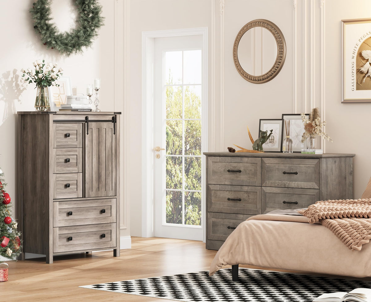 GarveeHome 48" Tall 5 Drawer Dressers with Sliding Barn Door, Grey