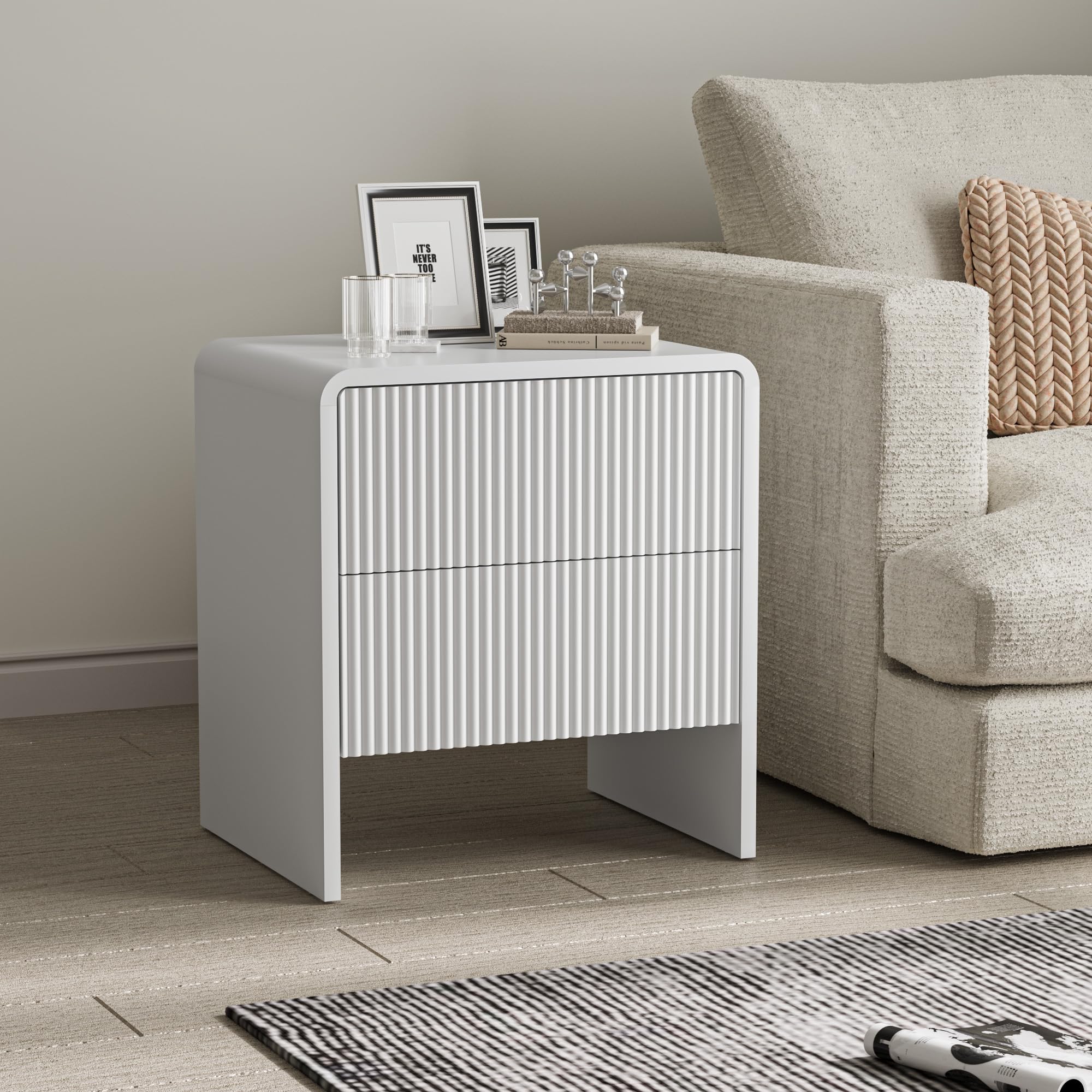 2-Drawer Curved Nightstand with Push-to-Open Storage
