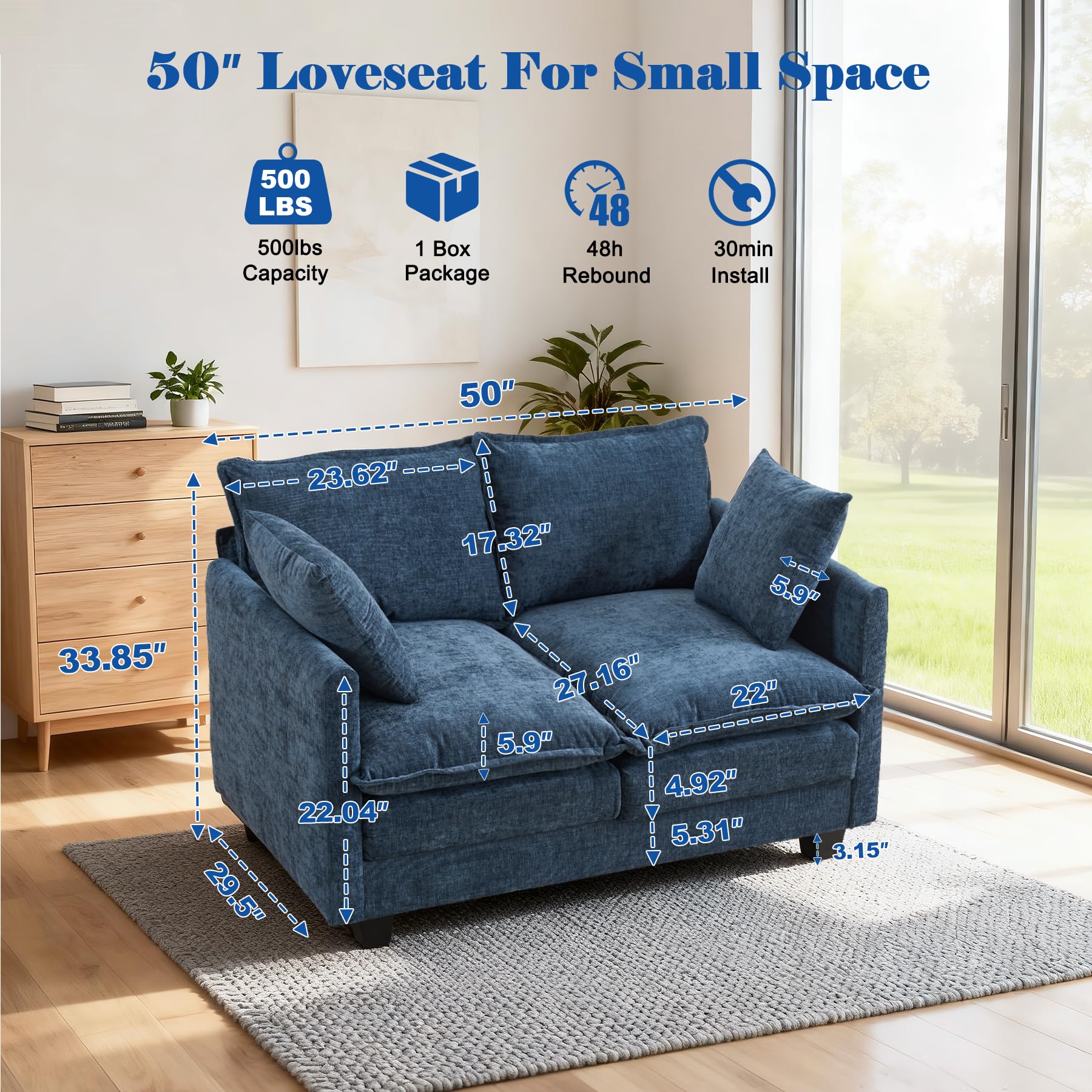 MUDANT Loveseat Sofa Cloud Sofa Couch 50'', Modern Loveseats 2 Seat Couch 27" Deep Seat with 2 Pillows for Small Spaces Apartment Studio Office Bedroom Living Room 8834-BLUE