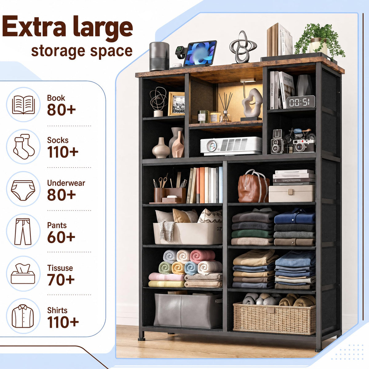 Bepatio Dresser for Bedroom, Charge-Station, LED Light and 13-Drawer, Brown