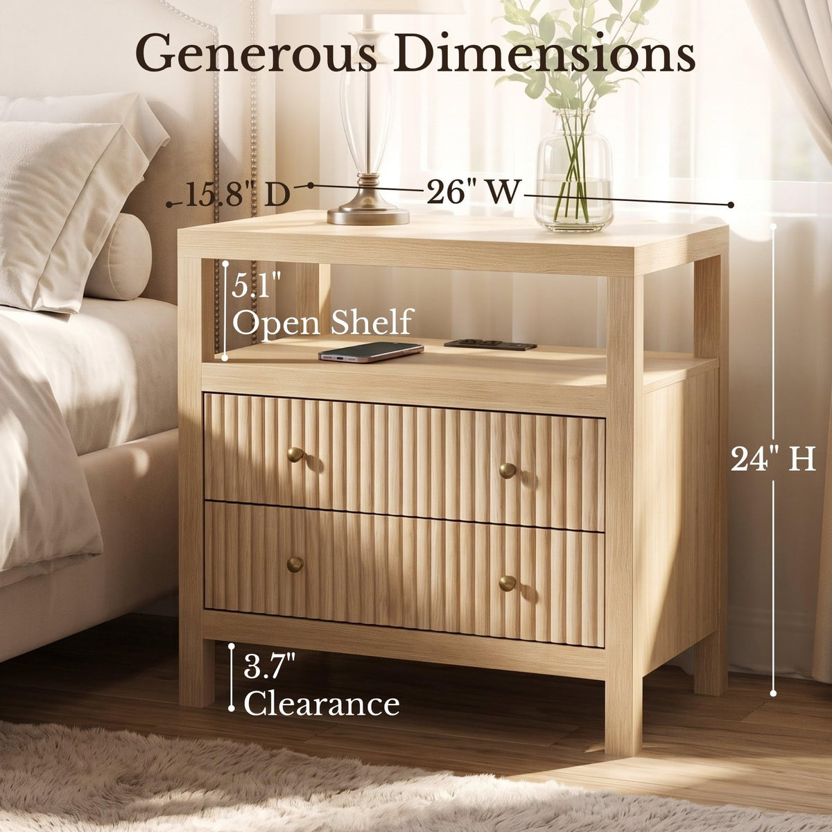 AURELIA LEVEAUX 26" Wide Natural Wood Fluted Charging Nightstands Set of 2