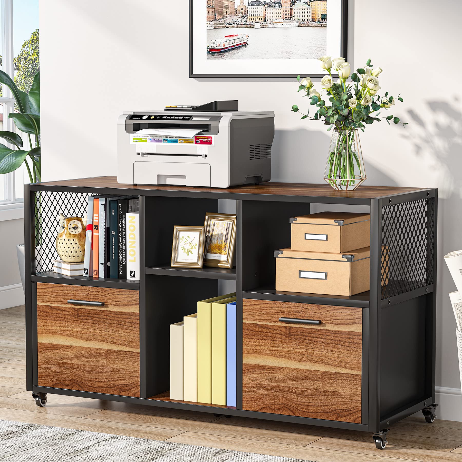 Mobile Lateral Filing Cabinet with Storage Shelves