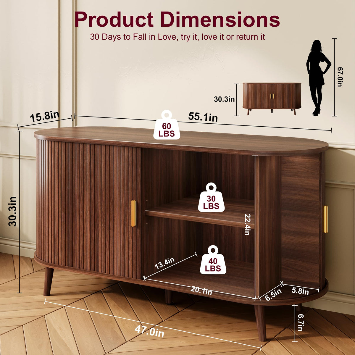 DreamDashio 55" Fluted Sideboard Buffet Cabinet with Storage & Sliding Door