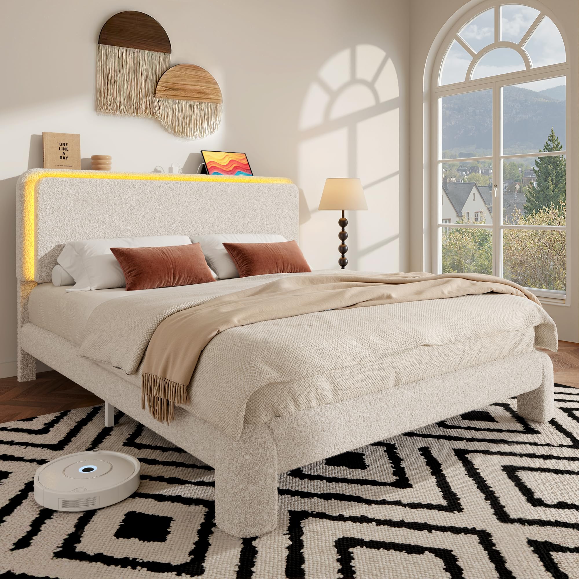 Lifezone Queen Upholstered Bed Frame, Sturdy Noise-Free Metal Support, Boucle Cloud Headboard with Charging Station & LED Lights, No Box Spring Needed, Beige