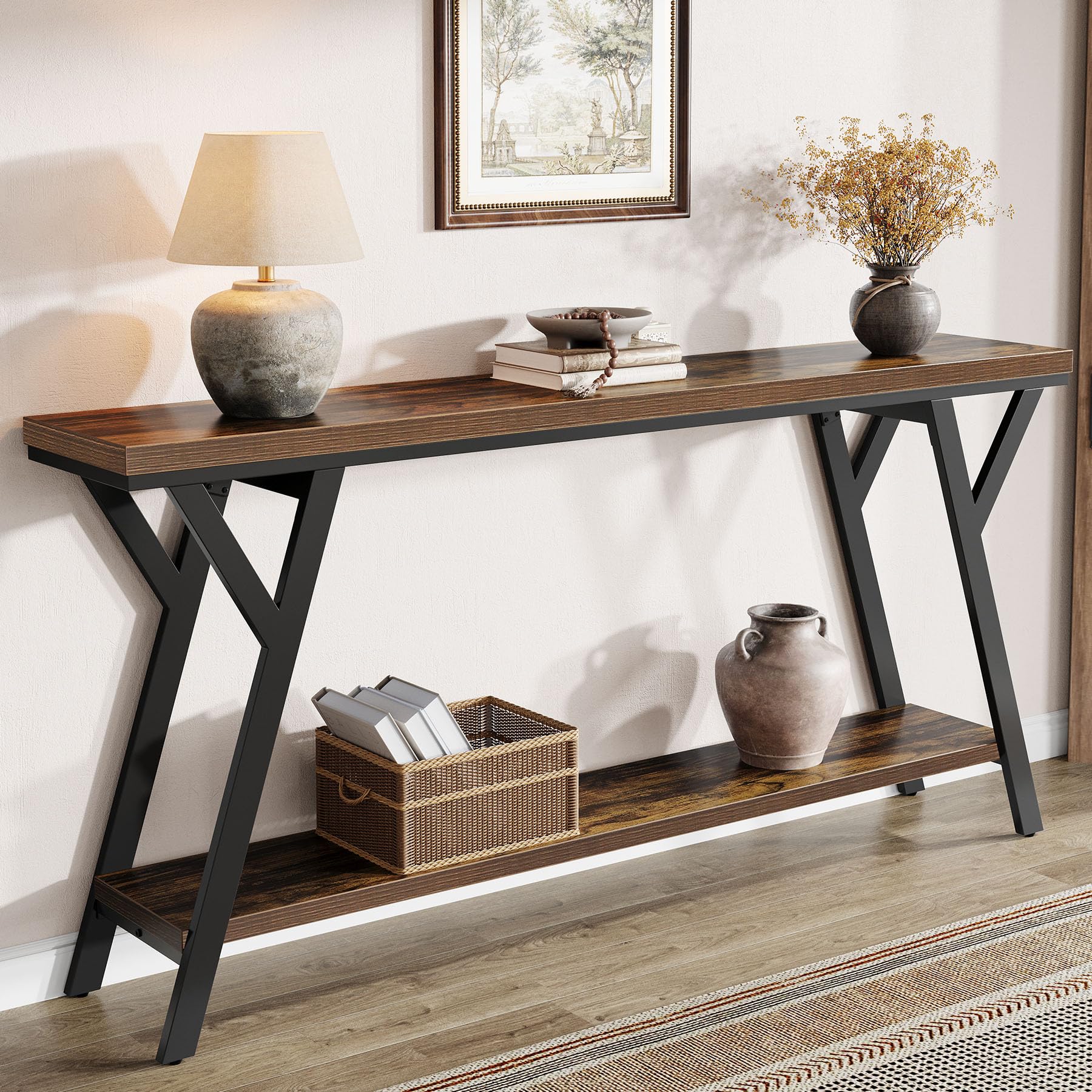 Tribesigns 70.9-Inch Narrow Long Entryway Console Table, Industrial Sofa Table Behind Couch with 2-Tier Storage Shelf for Hallway, Living Room, Entrance, Foyer, Rustic Brown