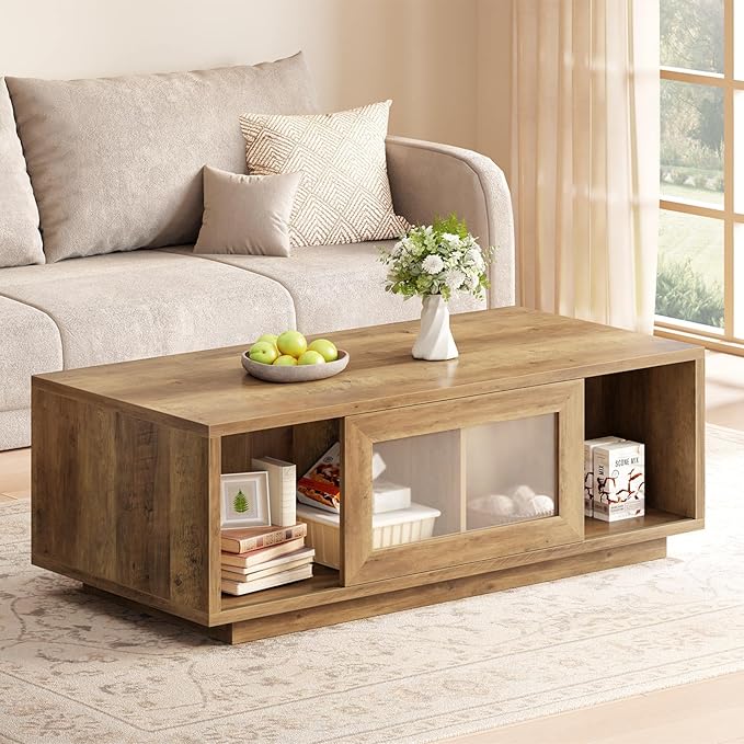 Rectangular Coffee Table with Sliding Door Storage