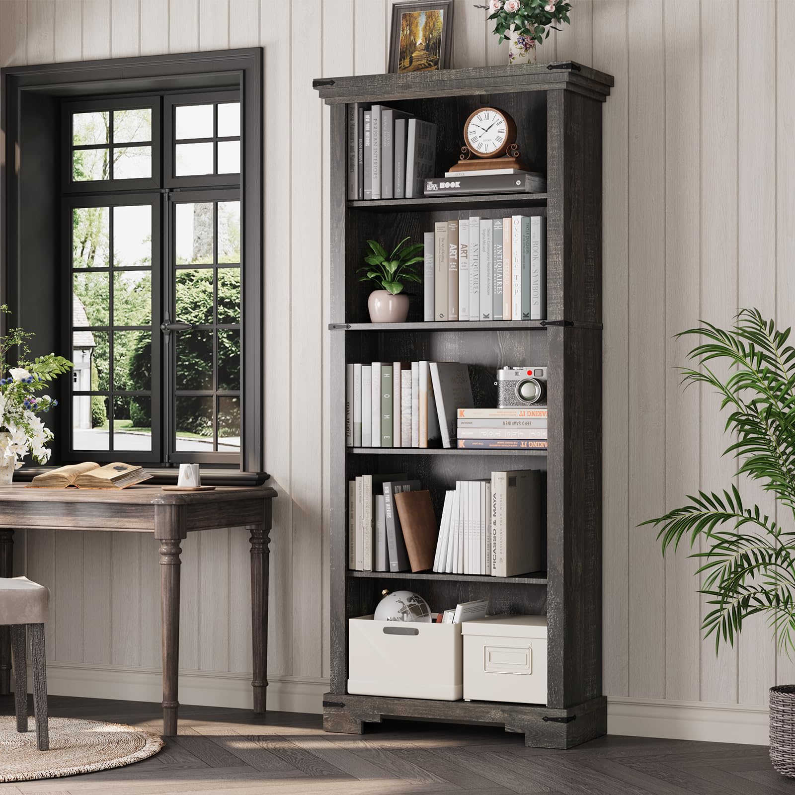 HOTLUU 5-Tier Farmhouse Bookshelf, 61.1 inch Tall Bookcase with Storage & Unique Design & One Adjustable Shelf, Wooden Bookshelf for Study Room, Living Room, Home Office, Bedroom (Black)