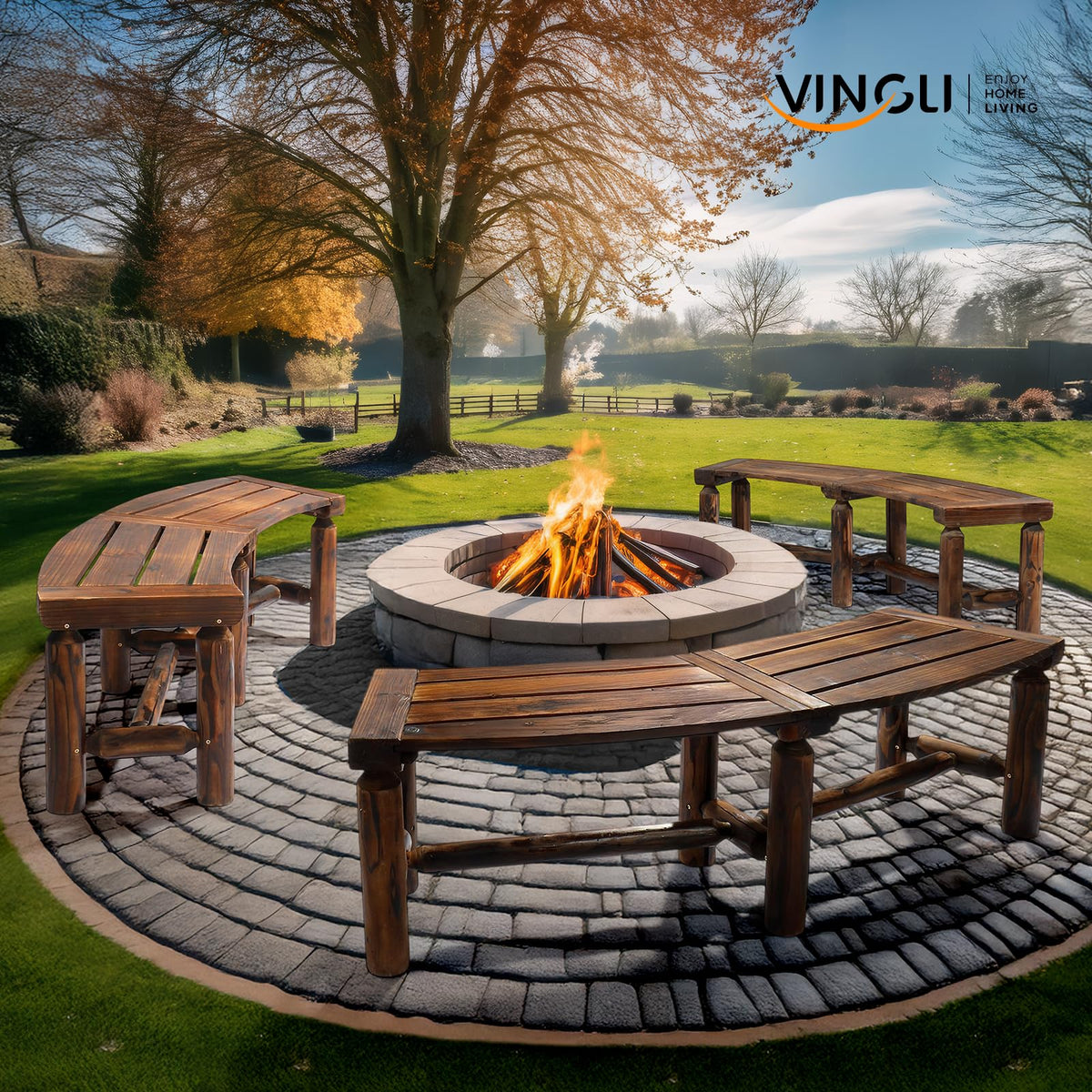 VINGLI Outdoor Bench Wooden Curved Bench, All-Weather Fire Pit Backless Patio Bench, 2-Person Seating Rustic Garden Bench for Backyard Porch Deck Entryway (Carbonized)