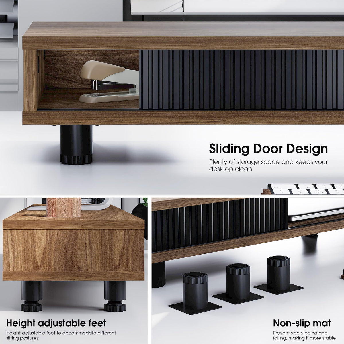 Fenge Dual Monitor Stand with Storage, Desk Shelf with Glass Sliding Door