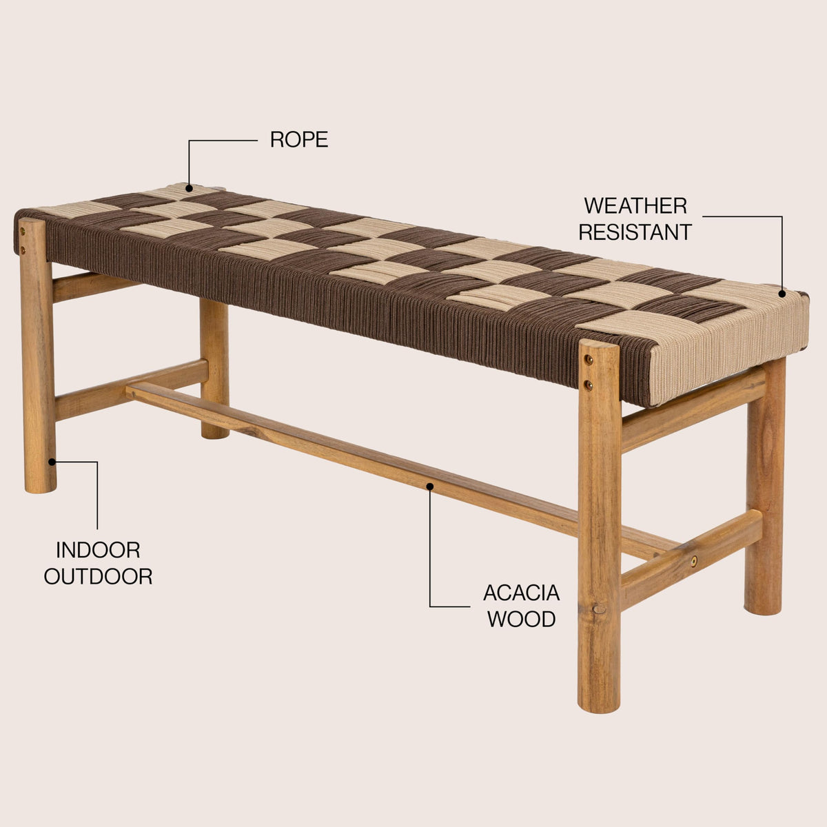 Acacia Wood Woven Rope Bench