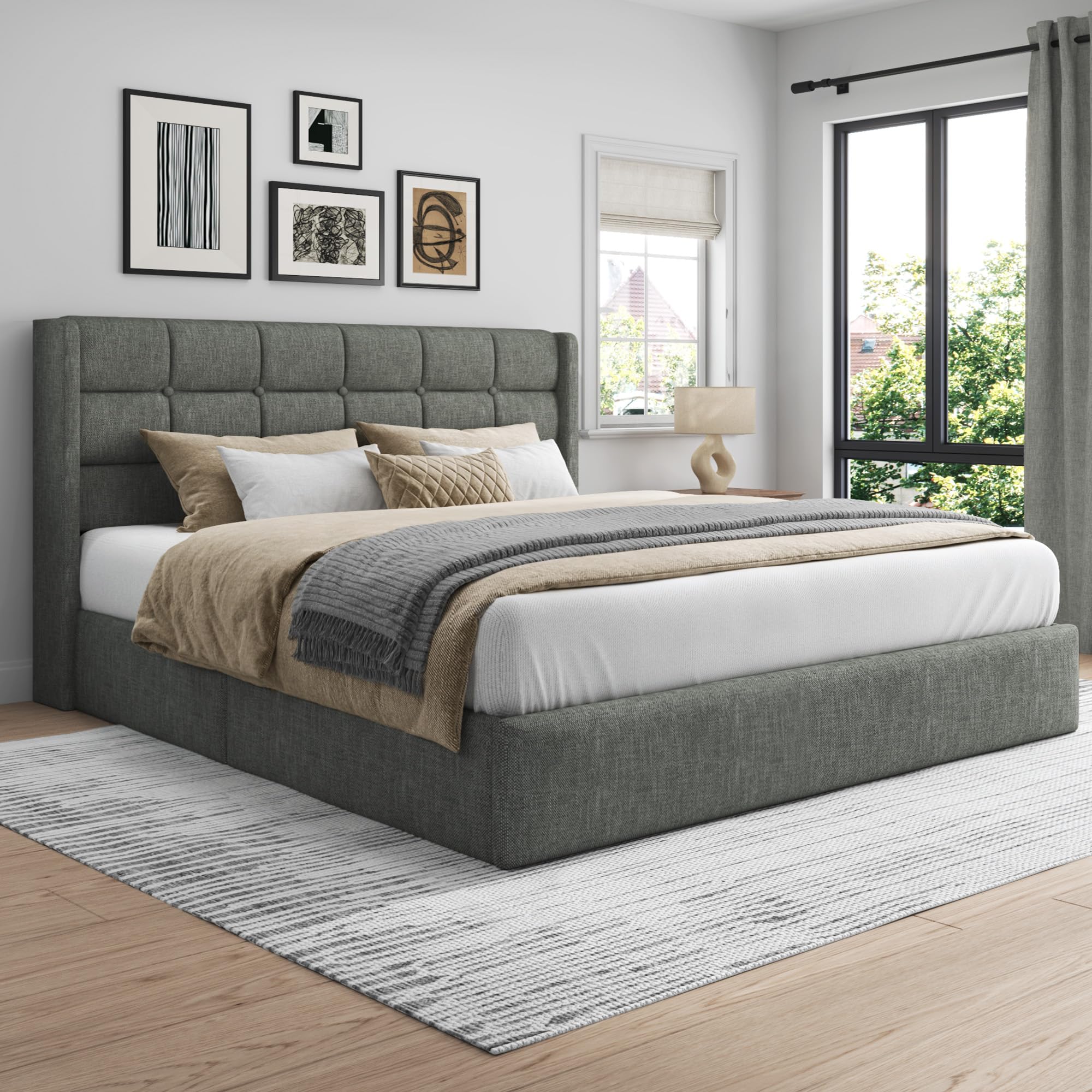 Lifezone Queen Size Lift Up Storage Bed Frame, Linen Upholstered Queen Platform with Button Tufted Wingback Headboard and Under-Bed Storage, Hydraulic Support, No Box Spring Needed, Noise Free, Grey
