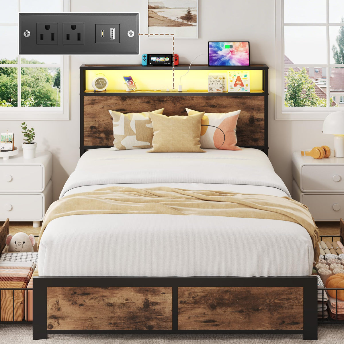 PHGLL Twin Bed Frame with 2-Tier Storage Headboard, Twin Size Metal Bed Frame with 2 Storage Drawers, 3-in-1 Charging Station & RGB LED, Noise-Free/Metal Support/No Box Spring Needed, Rustic Brown