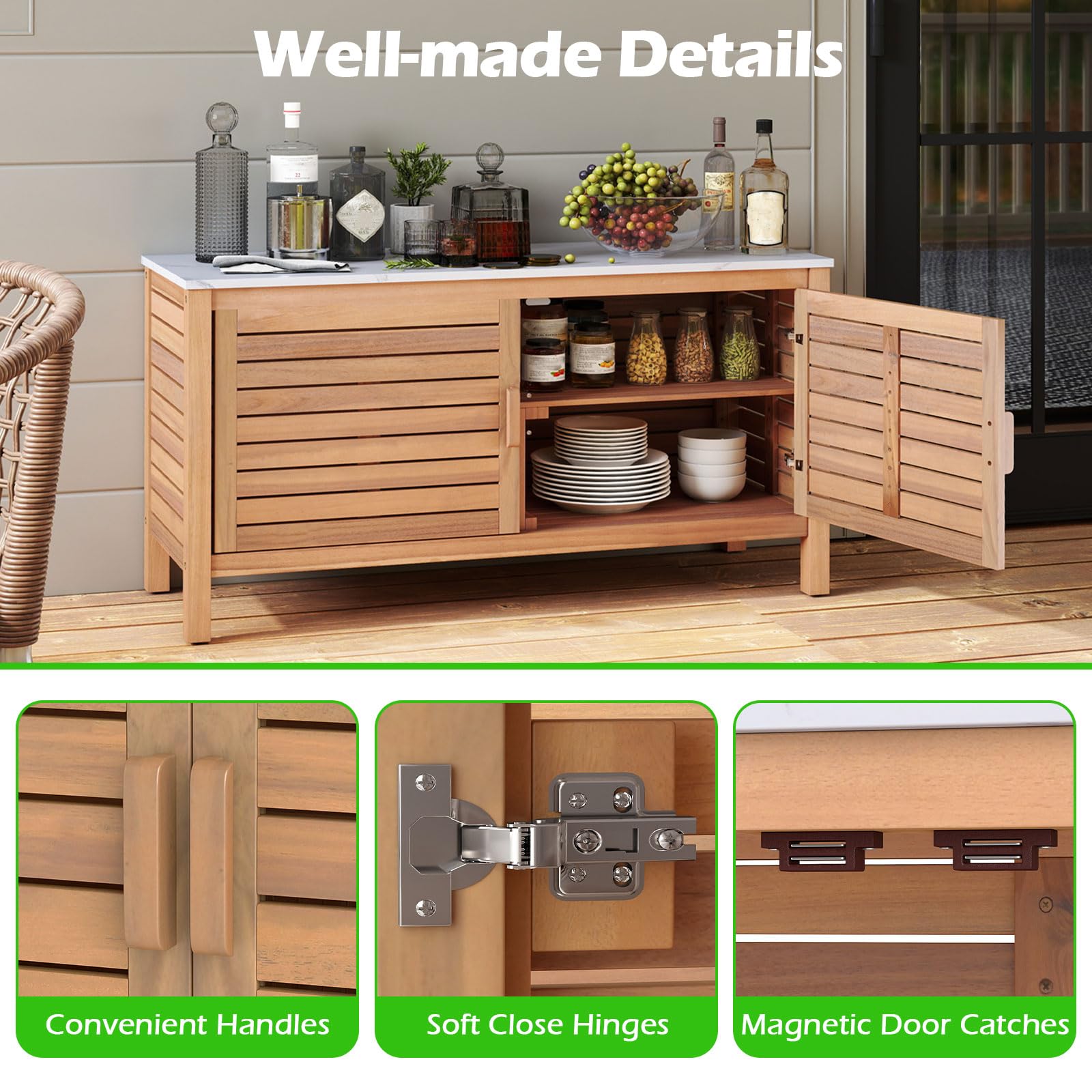 Acacia Wood Outdoor Storage Cabinet with Faux Marble Top