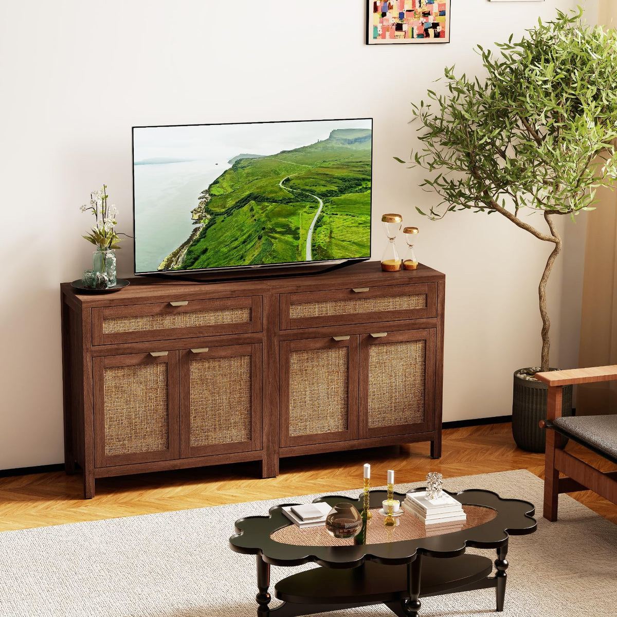 Rattan Sideboard Cabinet Set of 2