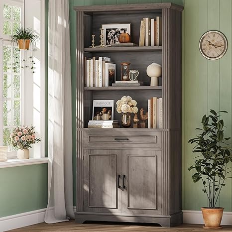 Farmhouse Bookcase with Doors, Drawer & 6 Shelves – 70" Tall