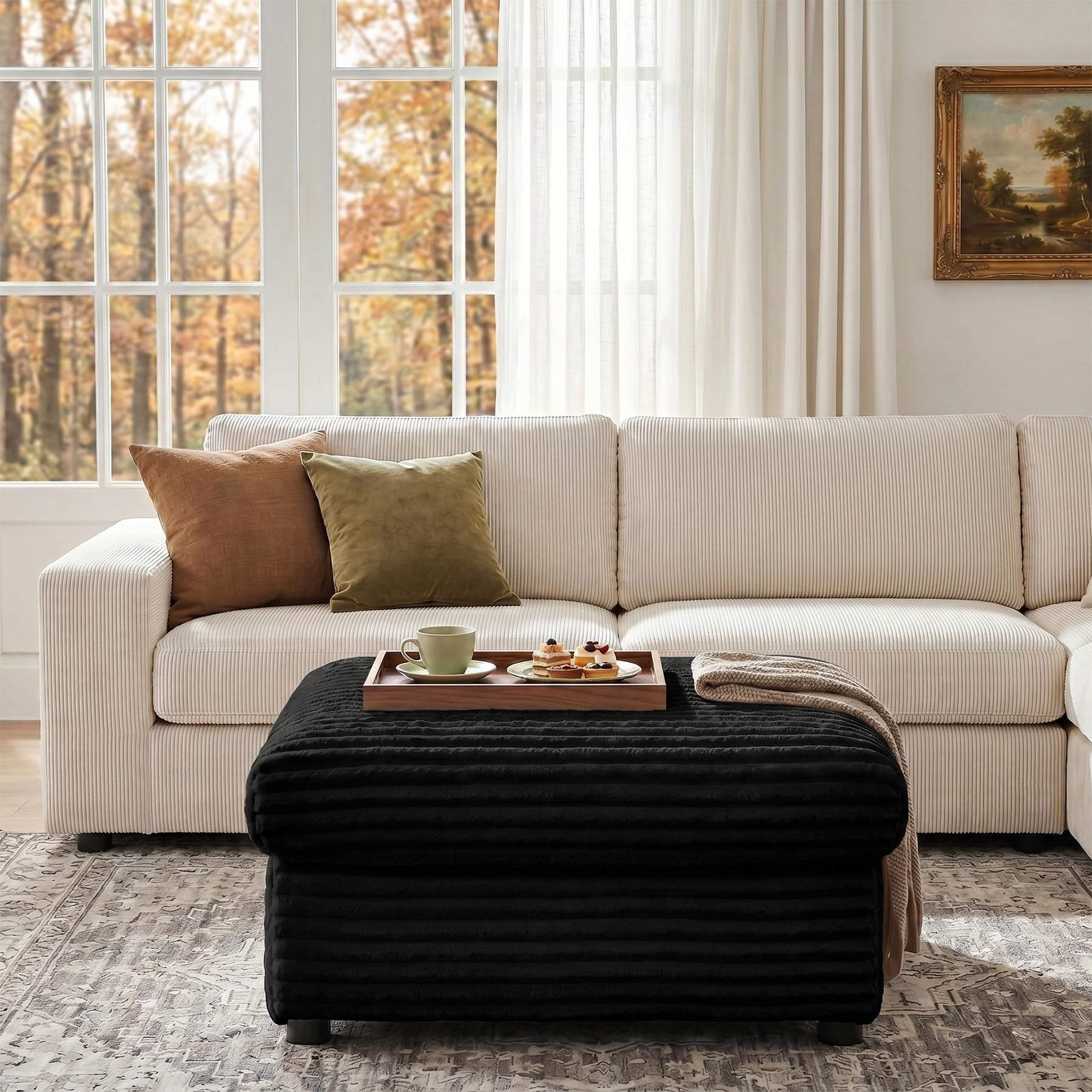 Mofolit Corduroy Ottoman with Storage,16.5Inch Height Square Ottomans Easy of Assembly, Couch Ottoman for Living Room,Apartment and Bedroom .(Black, Ottoman)