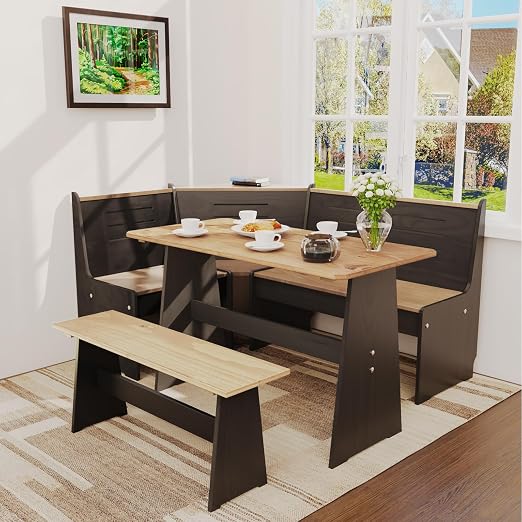 L-Shaped Corner Breakfast Nook Dining Table Set with Bench
