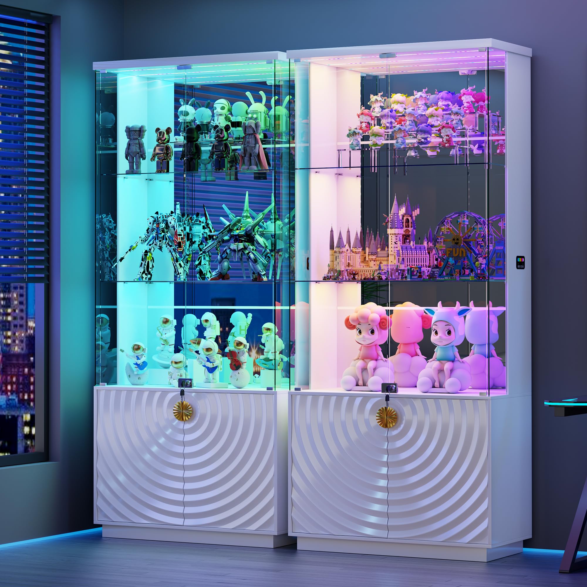 4-Tier Glass Display Cabinet with RGB LED Lights, Motion Sensor & Lockable Pop-Up Door – 70.9"