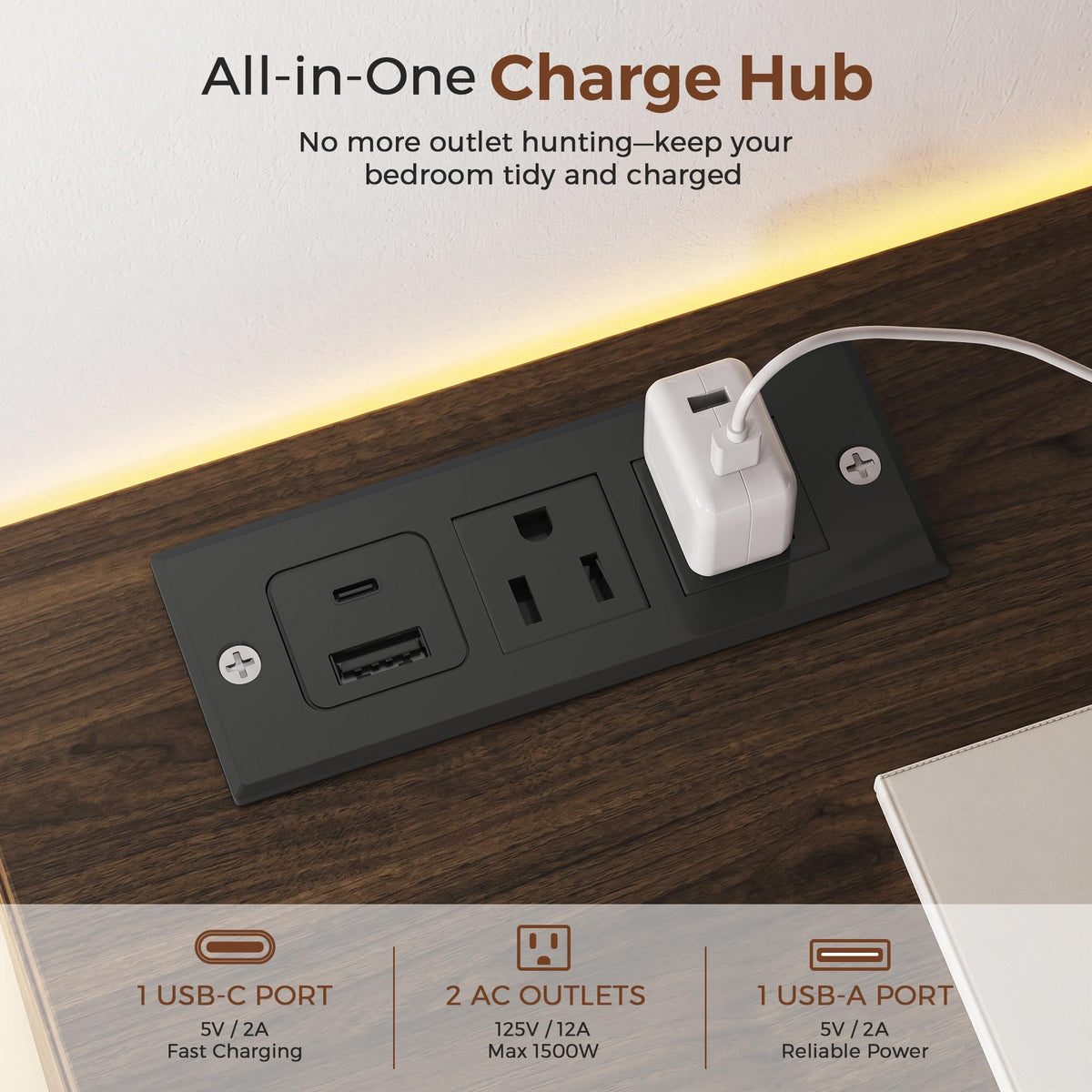 8 Drawer Dresser with LED Lights and Charging Station, Modern Brown Dresser
