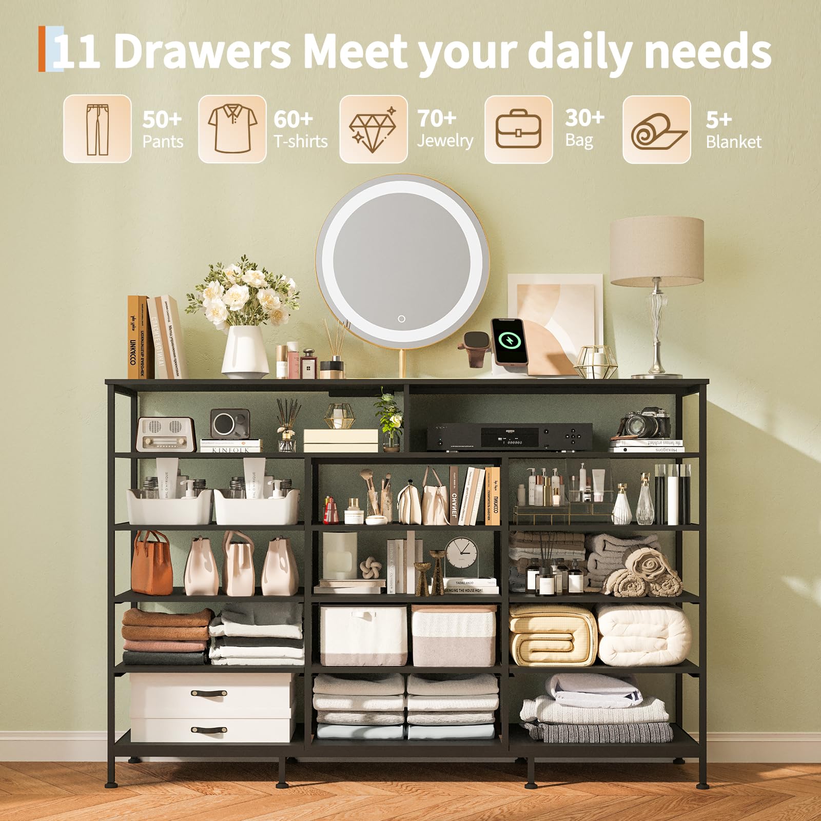 Dresser for Bedroom with LED Lights & Charging Station, 11 Drawer Dressers & Chests of Drawers, Steel Frame, Wood Top, 55 ” Fabric Dresser TV Stand for Bedroom,Hallway, Storage Organization, Entryway