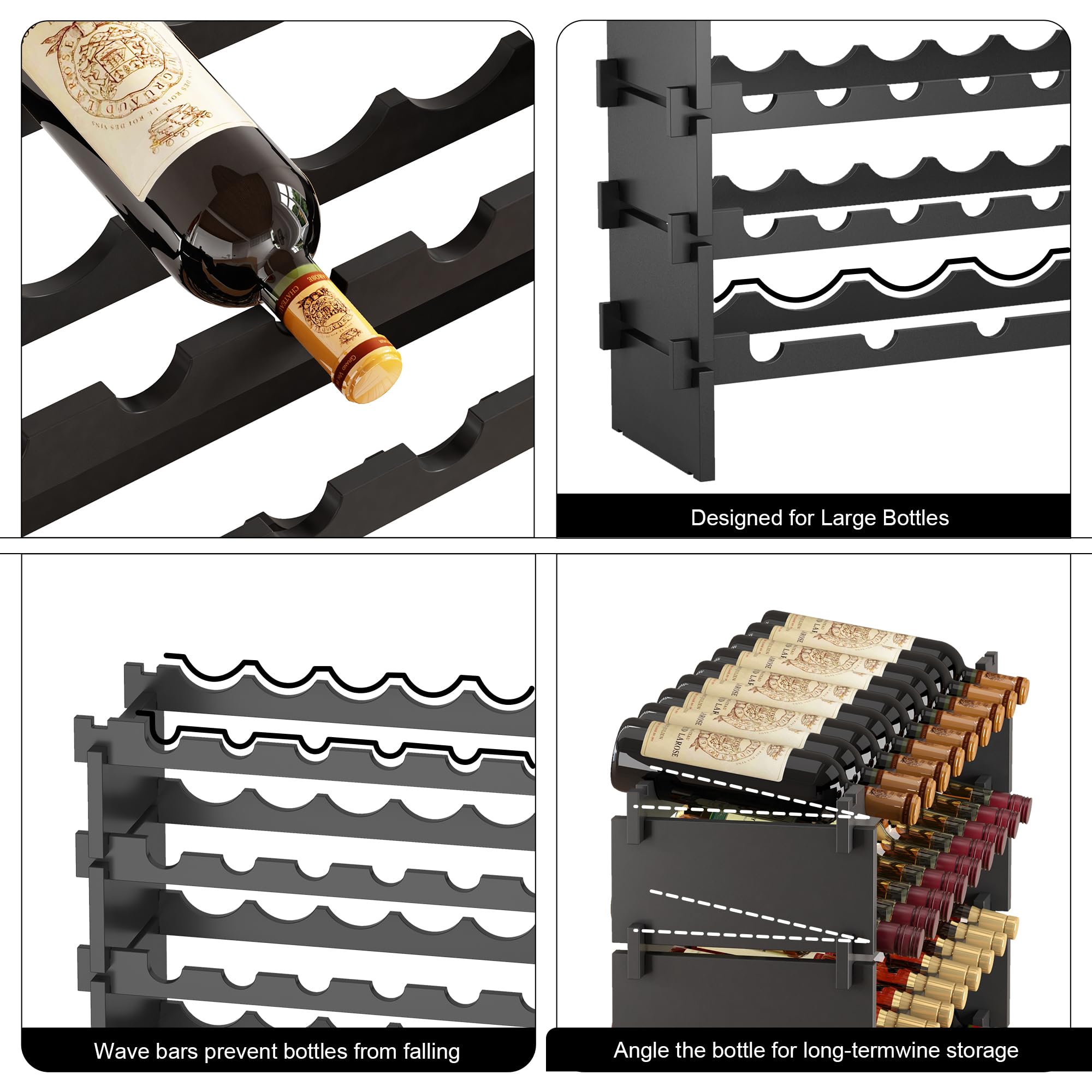 WISUCART Wine Rack Freestanding Floor Bamboo Stackable Wine Storage Racks Wall Mounted, Modular Wine Bottle Stand Holder Display Shelf for Cabinet, Kitchen, Bar (Black)