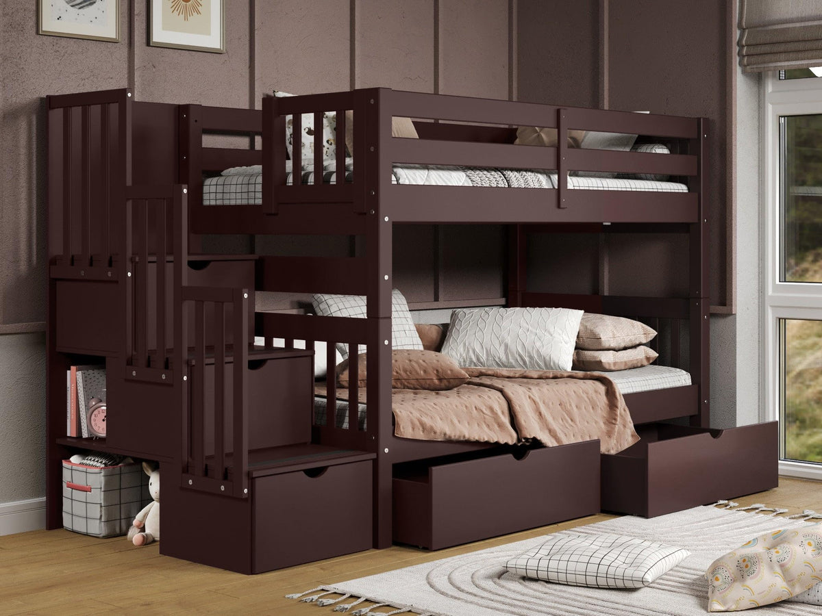 Bedz King Stairway Bunk Beds Twin Over Twin, 3 Step Drawers, 2 Storage Drawers, Dark Cherry