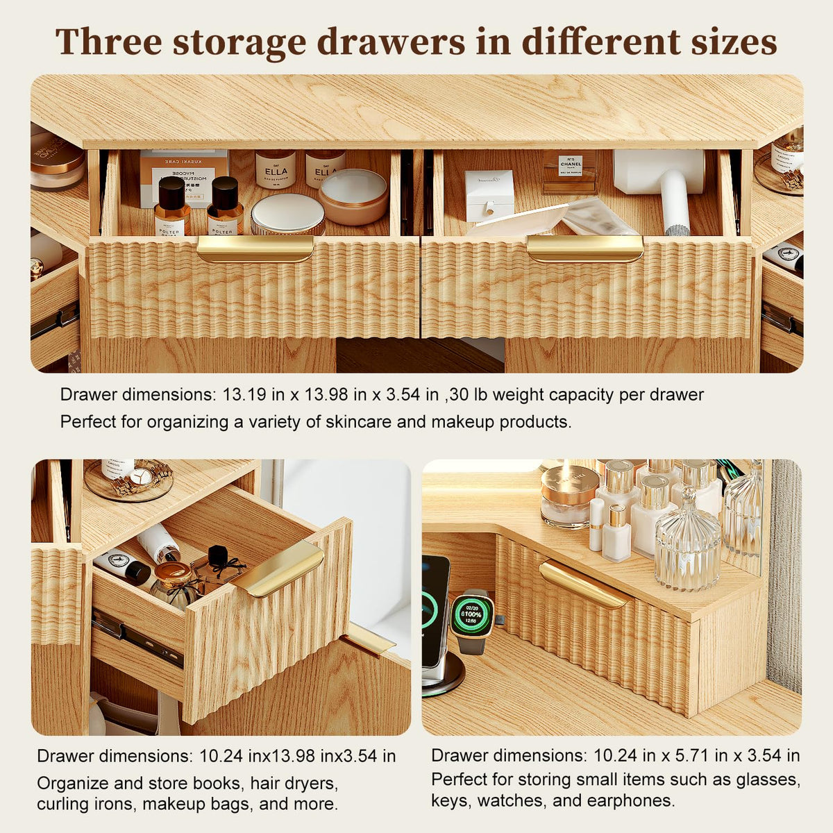 GRUTEUNIT Corner Makeup Vanity Desk with 3 Way Mirror and Lights,48" Large Vanity Table with 6 Drawers & Storage Cabinets, Charging Station, Fluted Dressing Table for Bedroom, Oak
