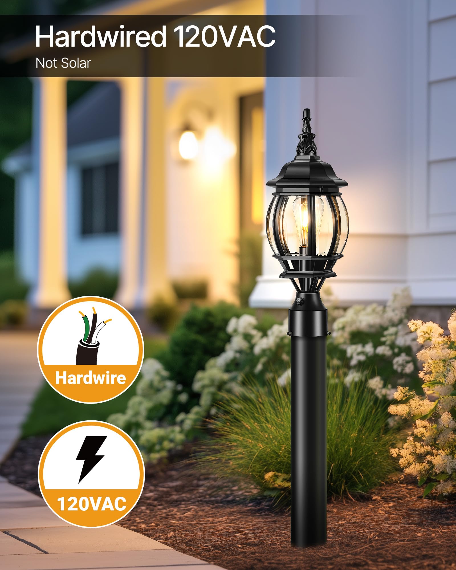 VIANIS Hard Wired Dusk to Dawn Outdoor Post Lights, Modern Exterior Lamp Post Light Fixture with Pier Mount Base, Black Anti-Rust Waterproof Outdoor Pole Lights for Front Porch Patio, Garden, Pathway