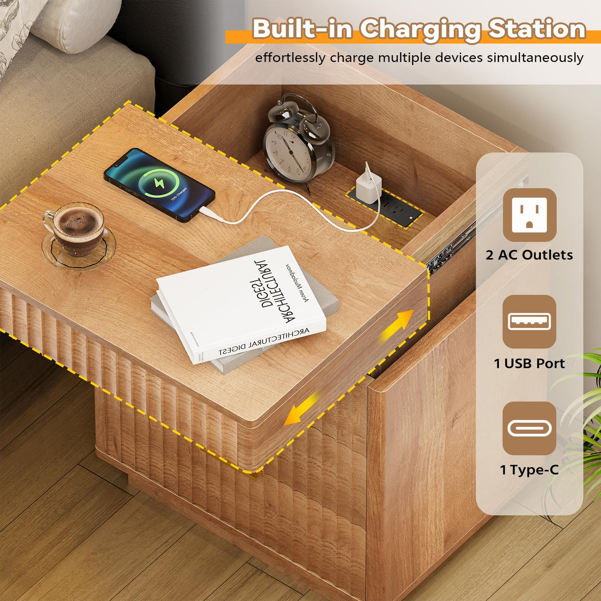 Fluted LED Nightstand with Charging Station