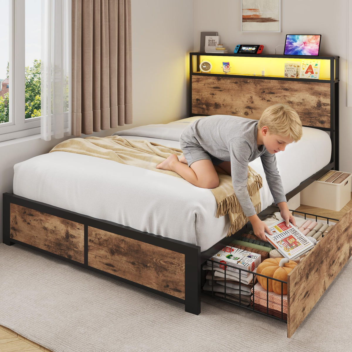 PHGLL Twin Bed Frame with 2-Tier Storage Headboard, Twin Size Metal Bed Frame with 2 Storage Drawers, 3-in-1 Charging Station & RGB LED, Noise-Free/Metal Support/No Box Spring Needed, Rustic Brown